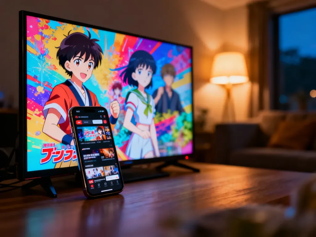 Nowoczesny telewizor z anime obok smartfona z aplikacją streamingową, ilustrujące różne sposoby oglądania japońskich animacji.