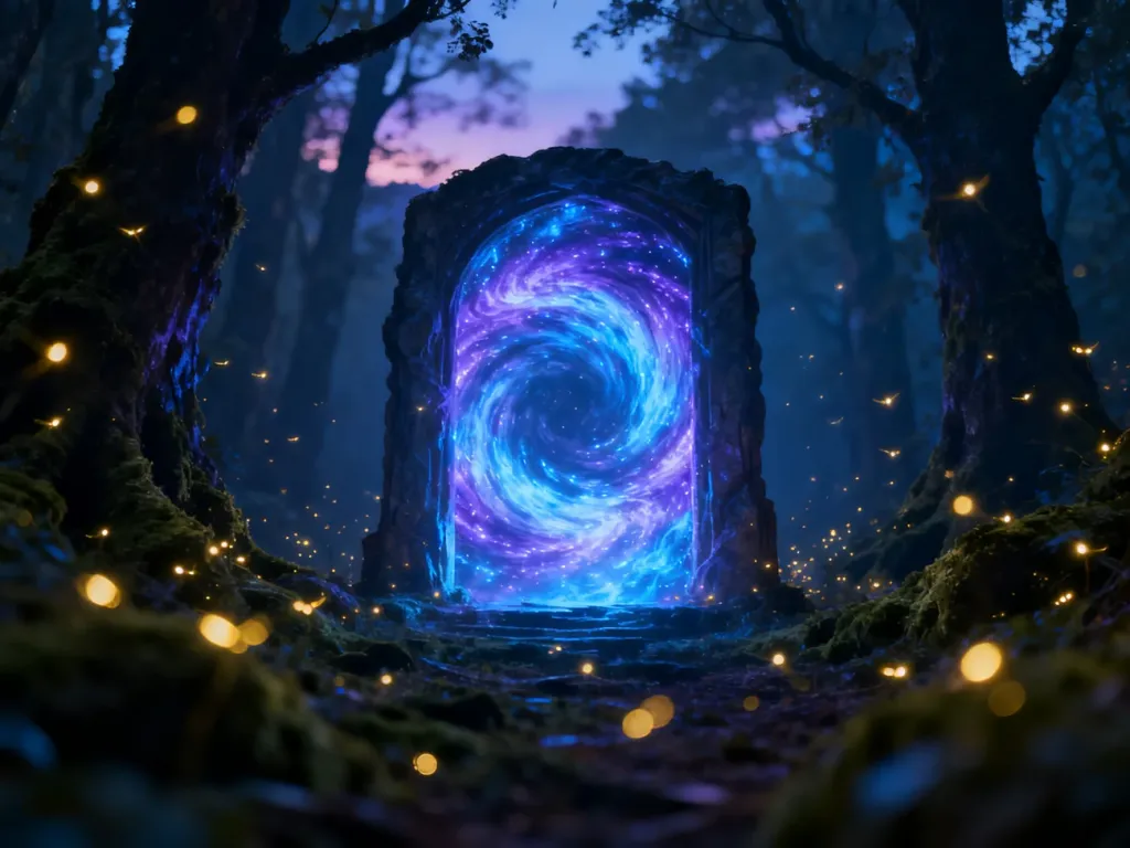Mistyczny, świecący portal w zaczarowanym lesie, symbolizujący przejście do innego świata w gatunku isekai.