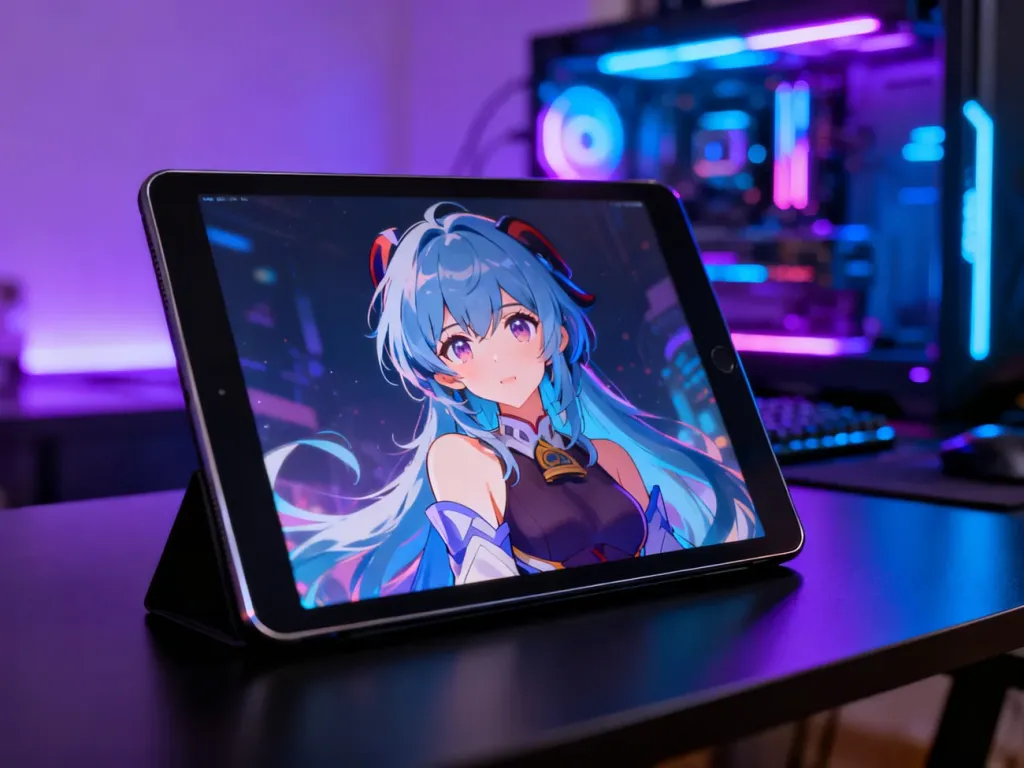 Tablet z kolorową grafiką anime na tle nastrojowego, neonowego oświetlenia w pokoju gracza.