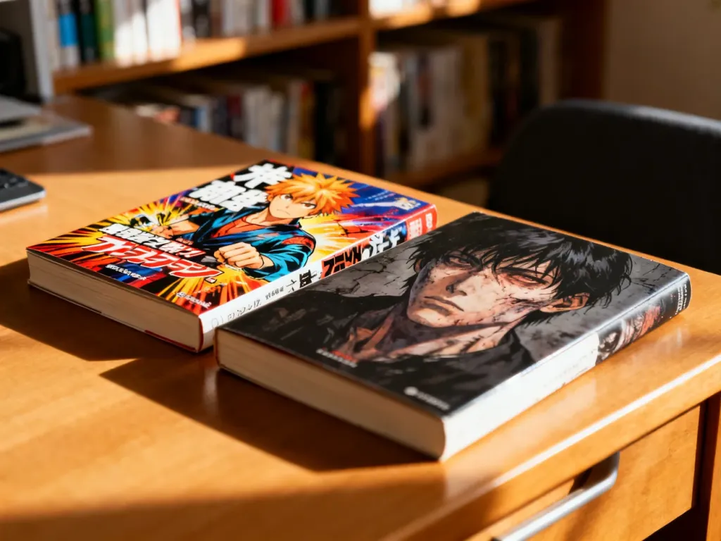 Dwa tomy mangi na biurku: jeden z dynamiczną grafiką shonen, drugi z mrocznym stylem seinen w świetle poranka.