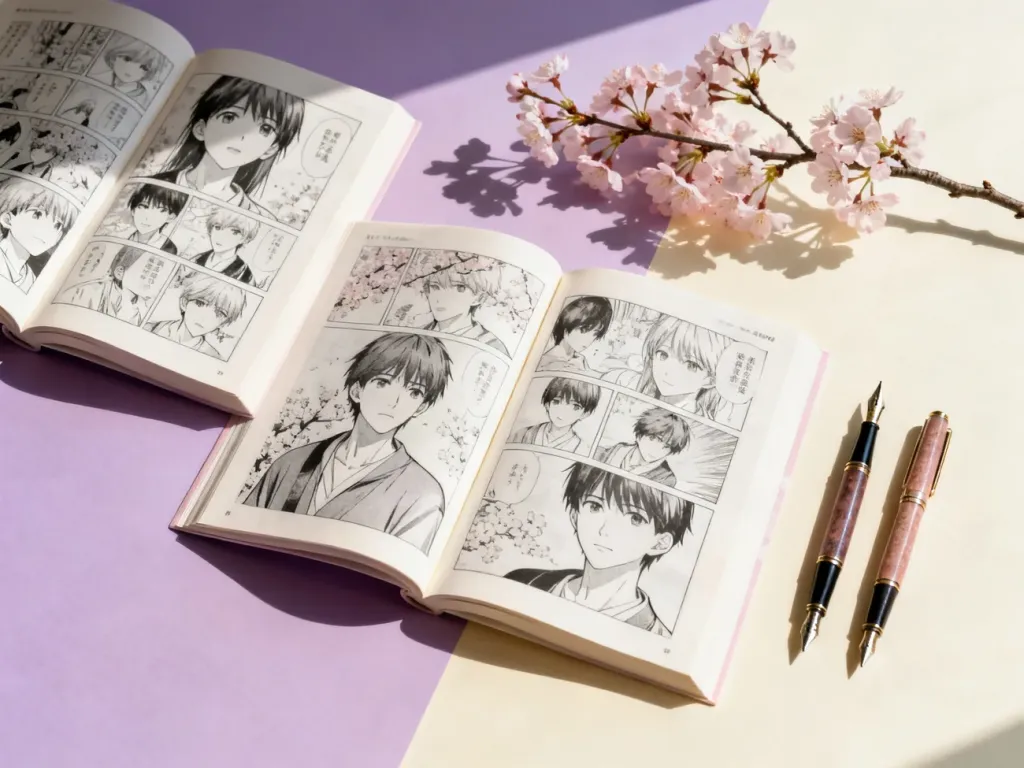 Dwa otwarte tomy mangi ozdobione gałązką wiśni i piórami, utrzymane w pastelowej, estetycznej stylistyce.