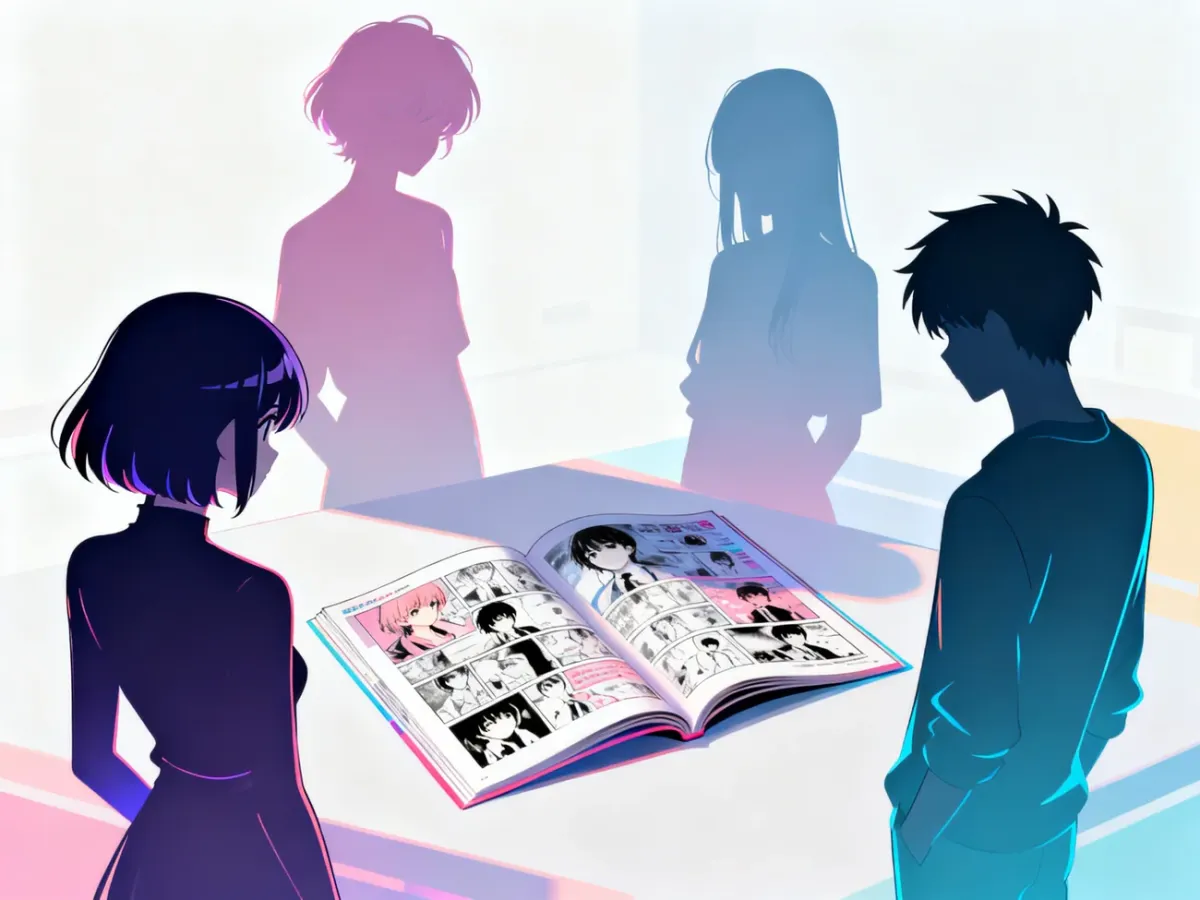Cztery sylwetki symbolizujące różne demografie anime wokół otwartego magazynu mangowego