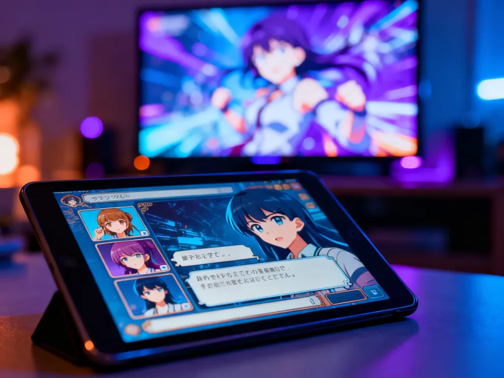 Tablet z interfejsem visual novel na pierwszym planie oraz rozmyte sceny z anime w tle, podkreślające różnice między mediami.