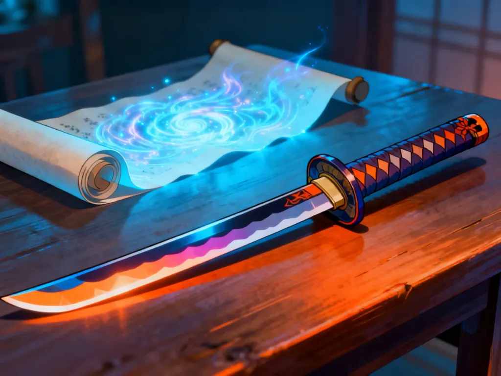 Stylowa katana na drewnianym stole w towarzystwie magicznego zwoju, nawiązująca do popularnych motywów fantasy w anime.