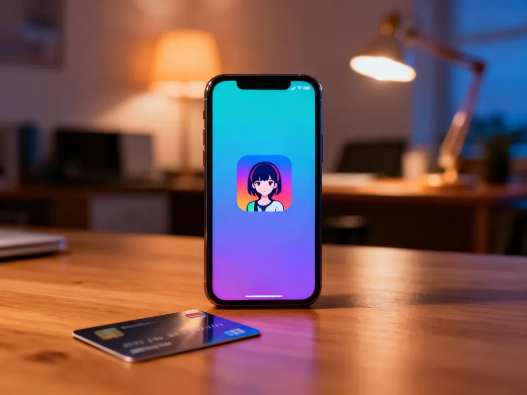 Smartfon z ikoną anime i karta płatnicza na biurku, symbolizujące opłacanie subskrypcji platform streamingowych.