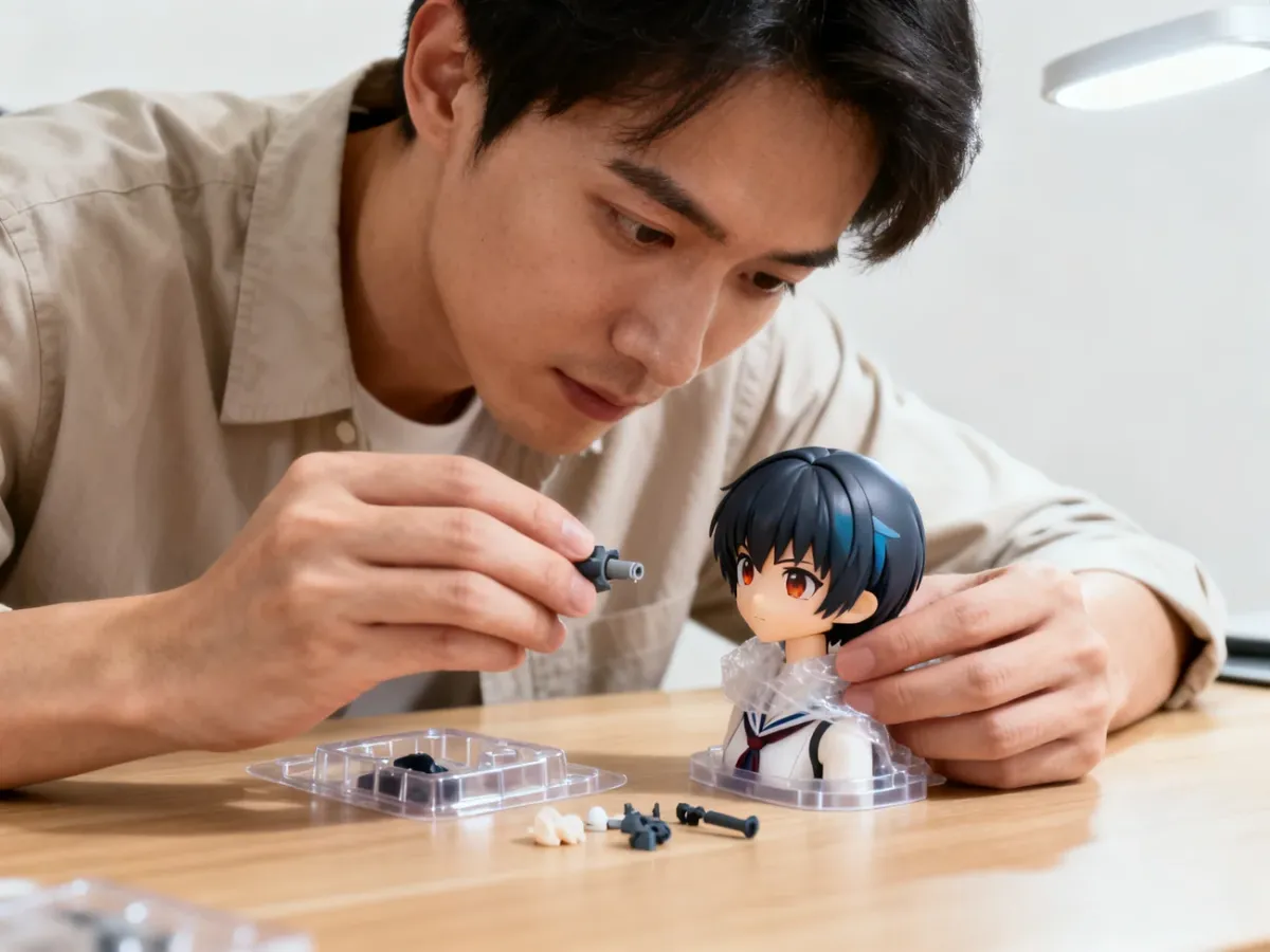 Kolekcjoner sprawdzający autentyczność figurki anime i jej akcesoriów