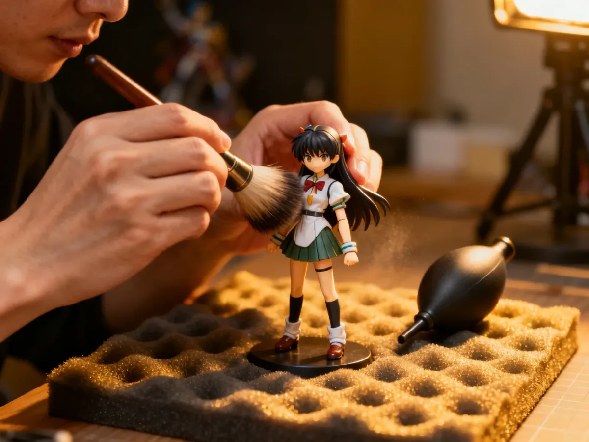 Delikatne czyszczenie figurki anime pędzelkiem i gruszką fotograficzną