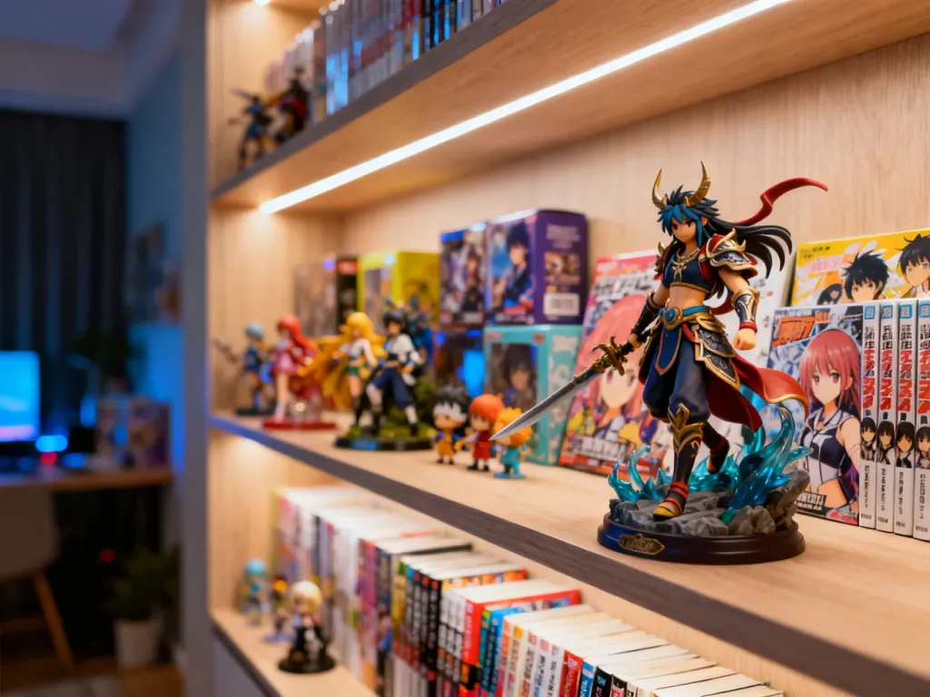 Kolekcja figurek anime i gadżetów na drewnianej półce w przytulnym pokoju hobbysty z nastrojowym oświetleniem.