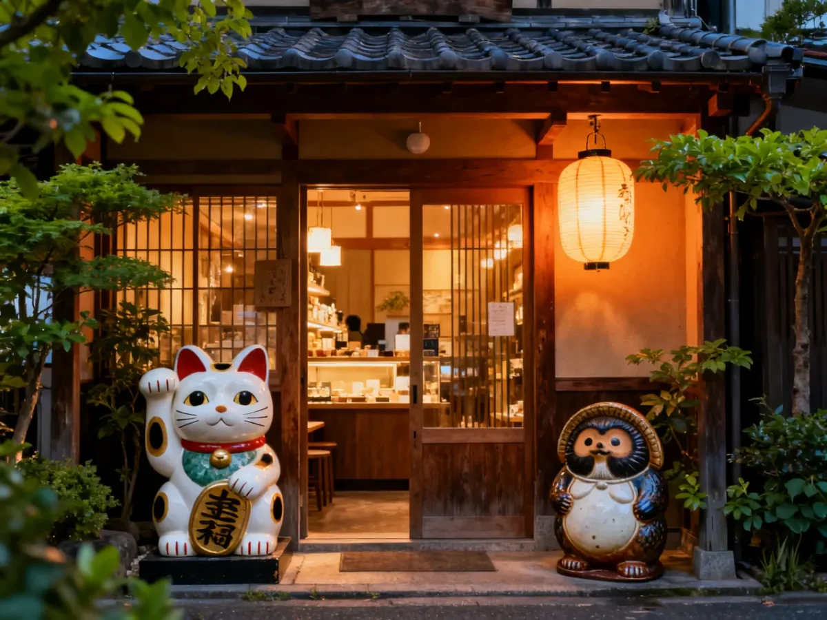 Figurka Maneki Neko i ceramiczny tanuki przed japońskim sklepem