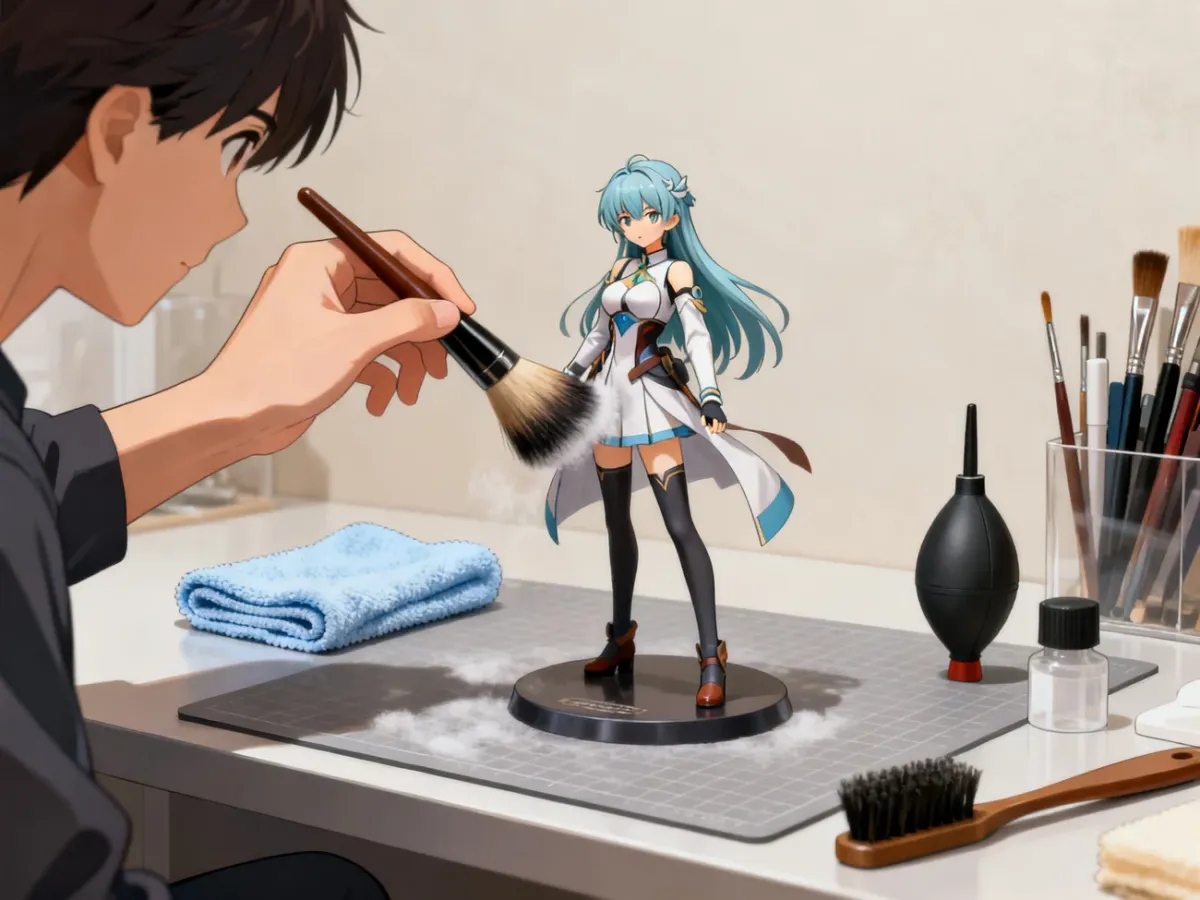 Delikatne czyszczenie figurki anime miękkim pędzelkiem