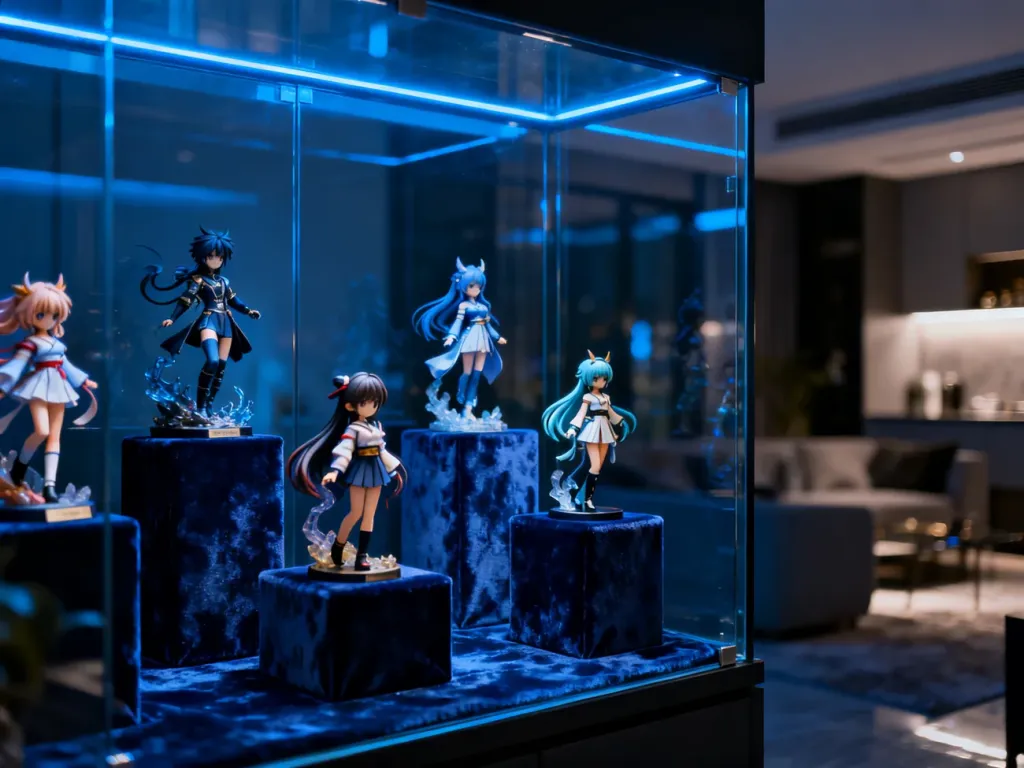 Elegancka witryna z podświetlanymi figurkami anime, prezentująca kolekcjonerskie modele w nowoczesnym wnętrzu.
