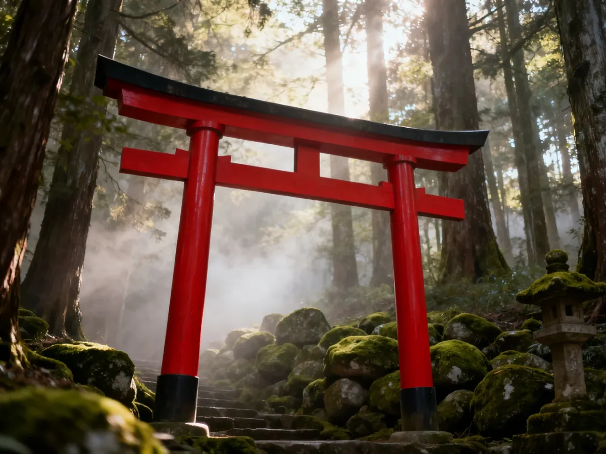Czerwone torii prowadzące do leśnego chramu w nastrojowej mgle