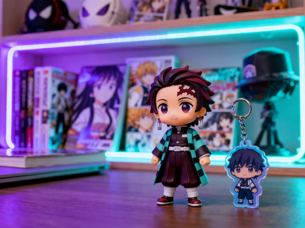 Porównanie wysokiej jakości figurki anime z tanim brelokiem na tle podświetlanej półki z mangą.