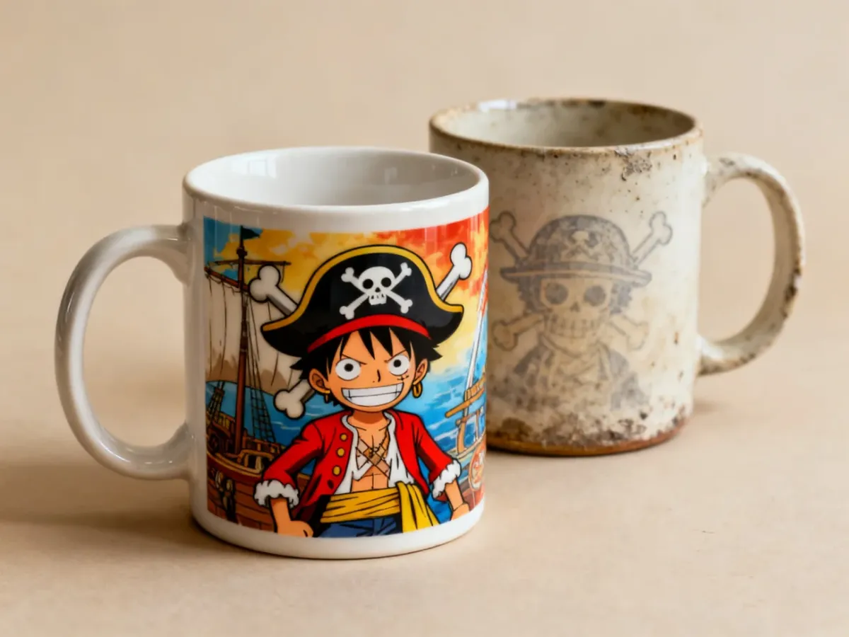Porównanie licencjonowanego kubka anime z tanią, gorzej wykonaną kopią